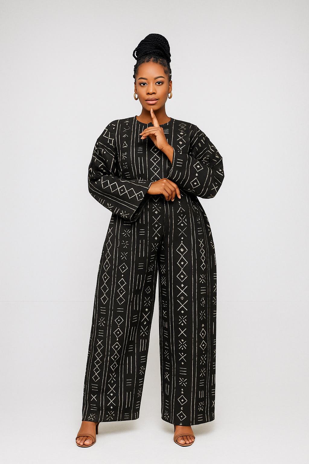 Seynana Essence — Ensemble pantalon noir à motifs écrus